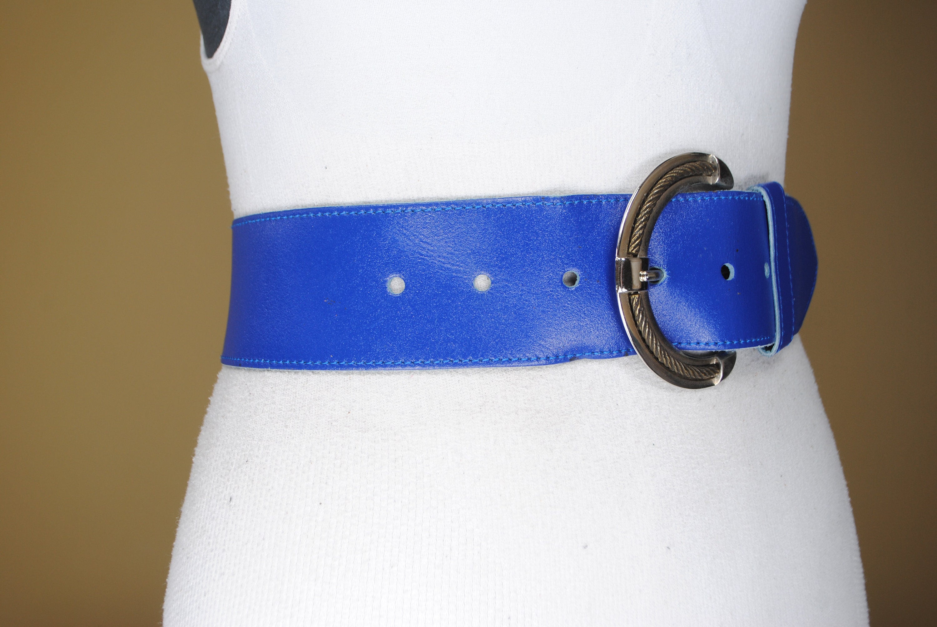 Wide Electric Blue Leather belt for women Etsy