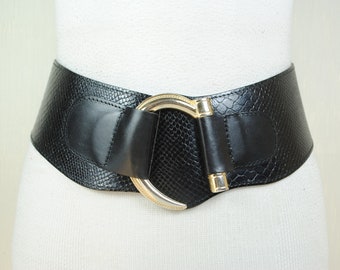 Wide Black Stretch Belt , Genuine leather belt for Women, Embossed Croc Elastic Corset