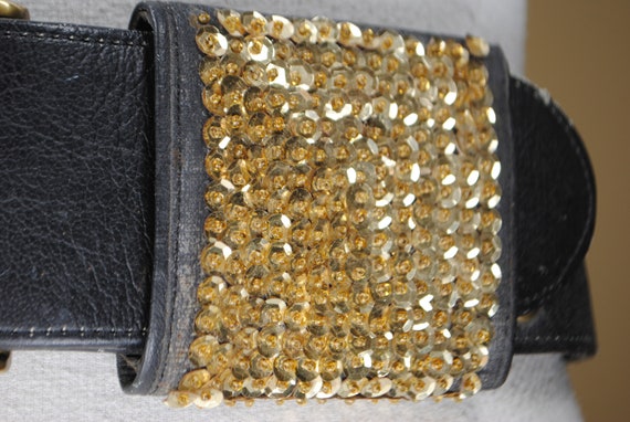Wide Black leather belt, Mob Wife Glam, Gold Sequ… - image 6