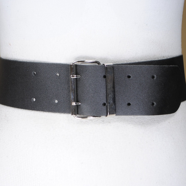 Double Prong Black belt, Wide Black Thick Leather belt, old Money, Quiet Luxury, Silver Trench buckle, Vintage Y2K, Size 30 31 32 33 34 35