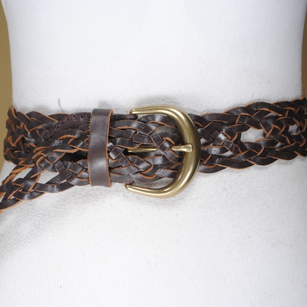 Wide Chocolate Brown Belt, Braided Woven Leather belt, Women, Brass Buckle, Old Money, Boho, Size 24 25 26 27 28 29 30 31 32 33 34 35 36 38