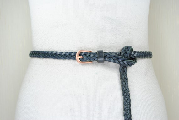 Skinny Blue Braided Belt, Woven Navy blue Leather… - image 1
