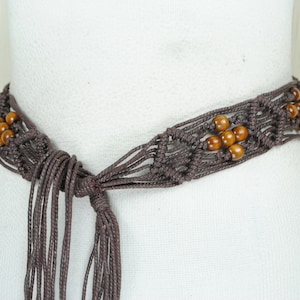 Brown Woven Tie Up belt with Wood Beads. Hand made macrame belt, Long fringe belt, Boho Hippie belt, Vintage boho Accessories