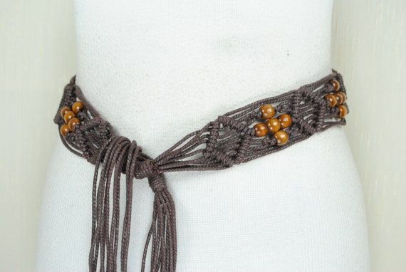 Brown Woven Tie up Belt With Wood Beads. Hand Made Macrame  display picture 1