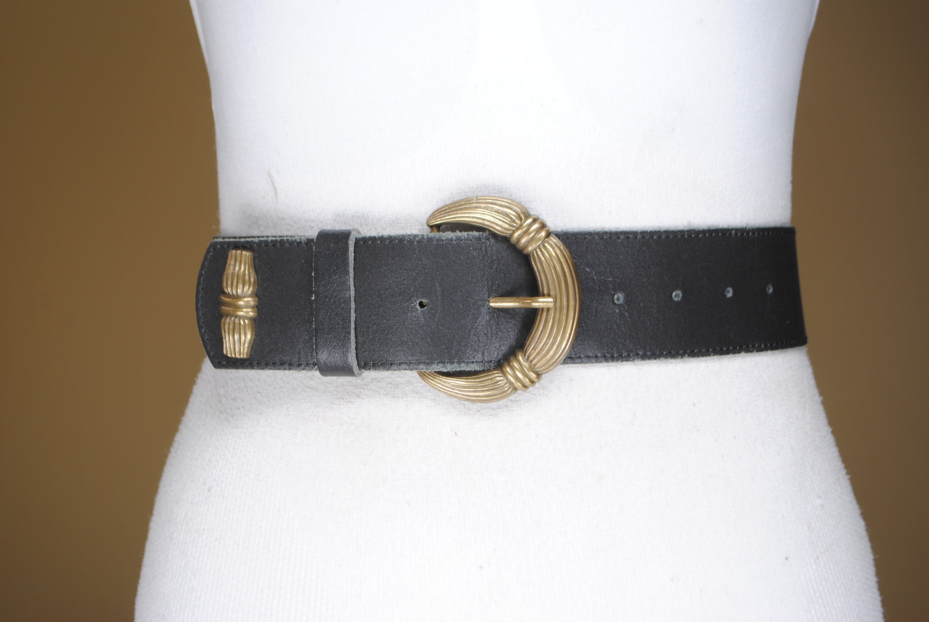 Black Leather Belt with Brass Buckle Etsy