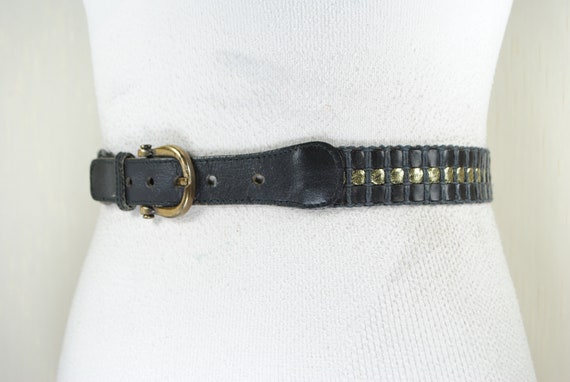 Black Gold Leather Belt, Vintage Woven Belt for W… - image 4