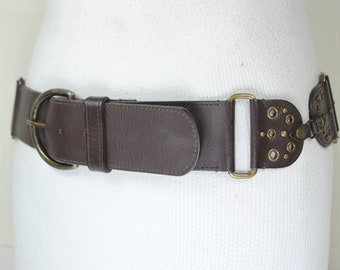 Wide Brown Studded Belt for Women, Statement Leather, Rounded Brass Buckle, Riveted Hip Y2K belt, WHISTLES, Vintage,  Size 32 33 34 35 36
