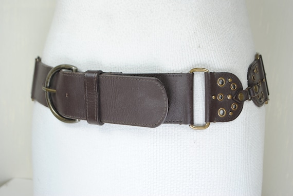Vintage Boho Brown Genuine Leather Brass Studded Statement Belt Size Small Brown Studded Leather Belt M 34-36 Chunky Oversized Bubble  main image 3