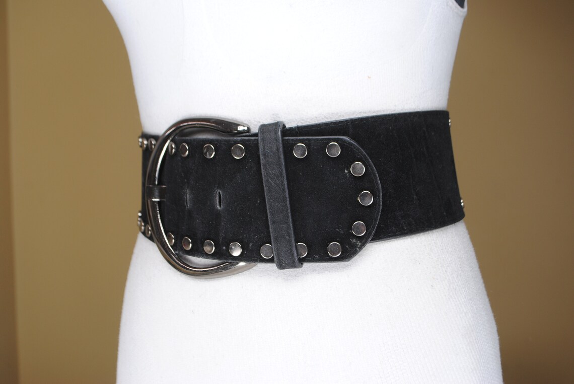 Wide black riveted velvet belt for women | Etsy