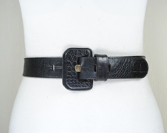 Cinturón de Cuero Negro para Mujer Old Money Quiet Luxury Reptil Cocodrilo Estampado Hebilla Revestida de Cuero Repujado, Vintage AMBIENTE, Talla 28 29 30 31 32