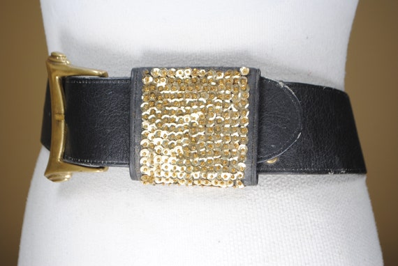 Wide Black leather belt, Mob Wife Glam, Gold Sequ… - image 5