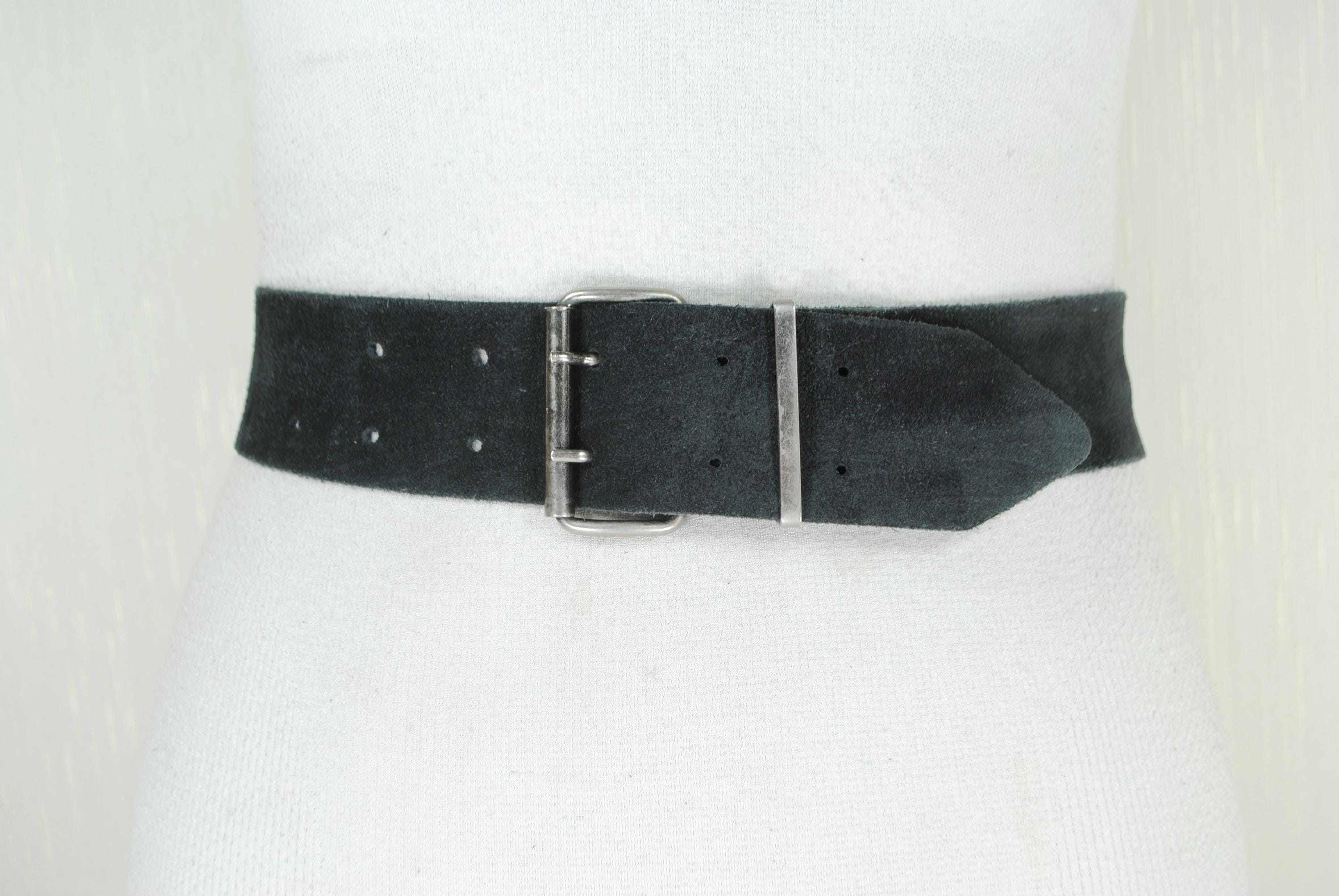 Wide Black Suede Belt, VINTAGE Belt, Double Prong Real Suede  display picture 2