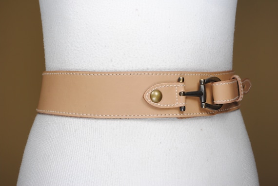 Wide Tan Leather Belt for Women, Horse Bit Brass … - image 3