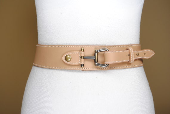 Wide Tan Leather Belt for Women, Horse Bit Brass … - image 6