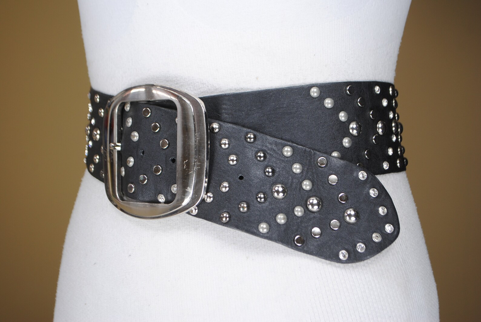 Wide black riveted leather belt for women Etsy