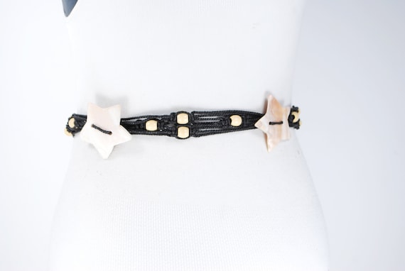 Shell Star Belt, Black Tie up Belt, Mother of Pearl, Wooden  display picture 2