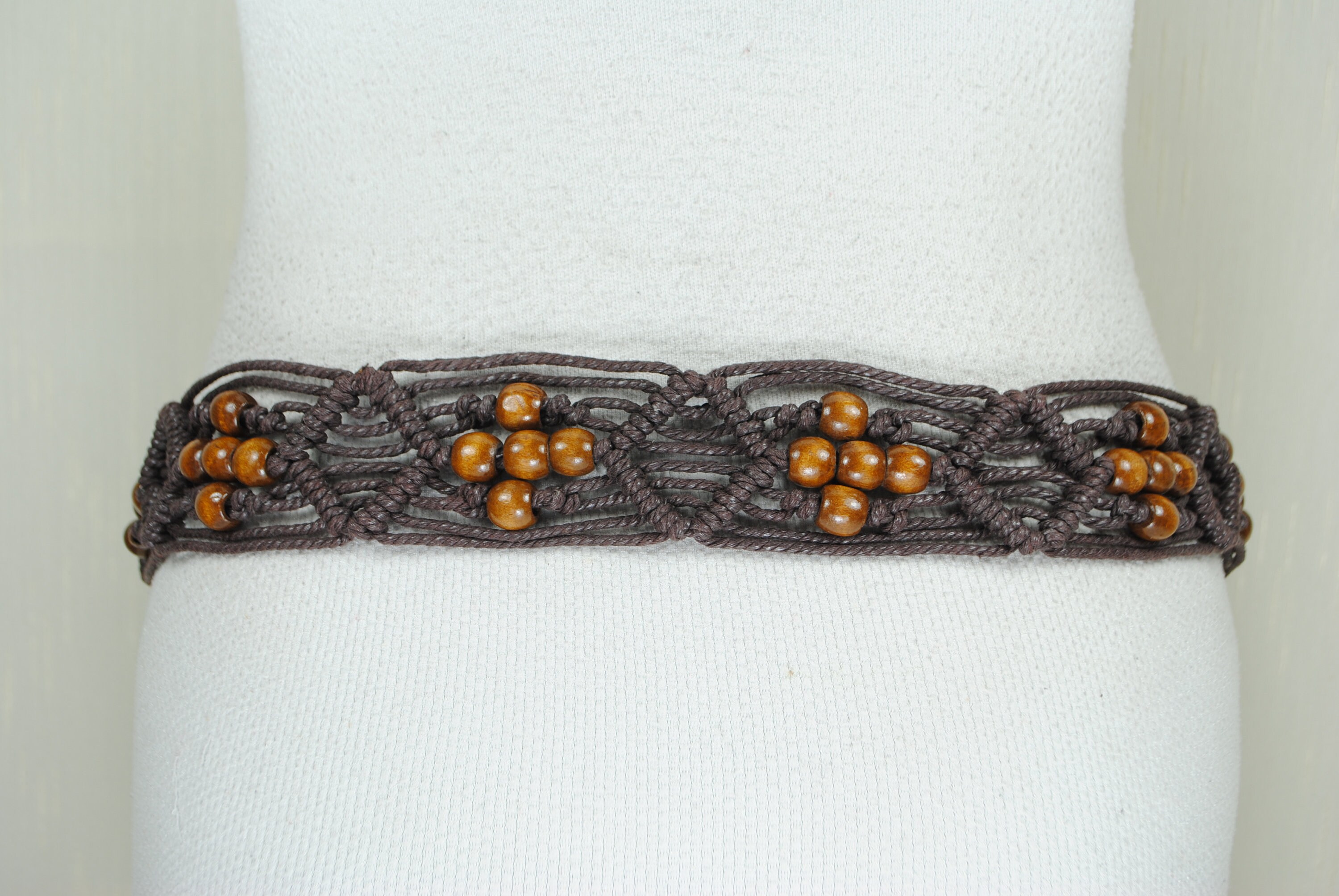 Brown Woven Tie up Belt With Wood Beads. Hand Made Macrame  display picture 2