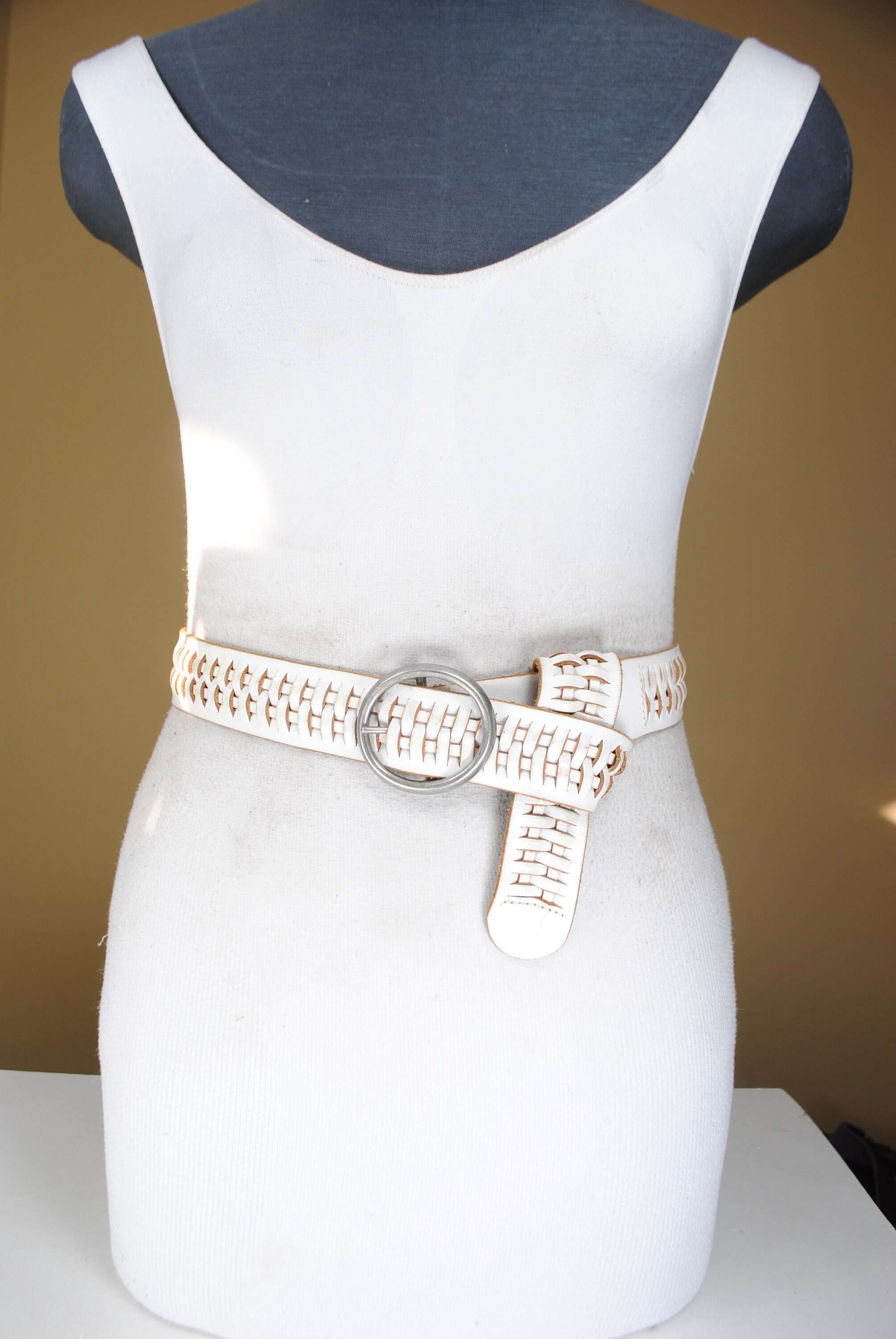 80s 40 White Woven Leather Belt for Women Leather Etsy
