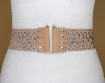 Cinturón elástico con tachuelas beige para mujer, corsé elástico ancho, accesorios vintage