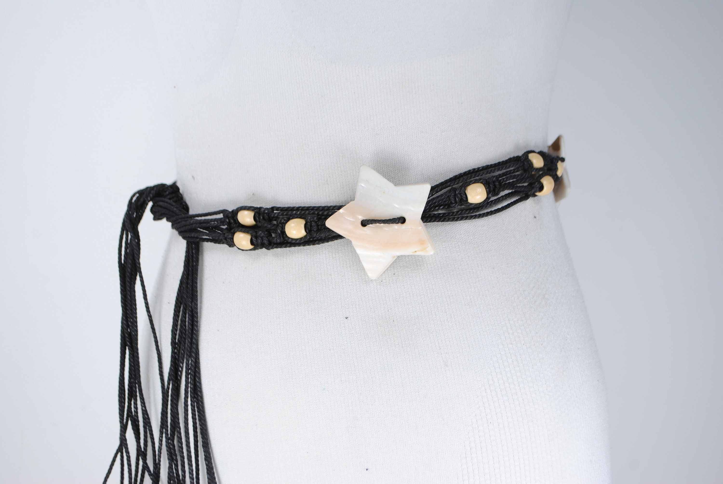 Very Rare Vintage Black, Silver, and Faux Shell Braided Fringe Belt To 88cm Black Corded Ladies Silver Clam Shell Seashell Metal  main image 3