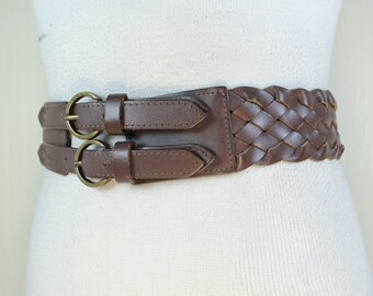Y2K Vintage Linea Pella  Large Brass Buckle Woven Brown Leather Hip Belt Small Linea Pelle Woven Leather Belt Brass Buckle Rings 30-33  main image 4