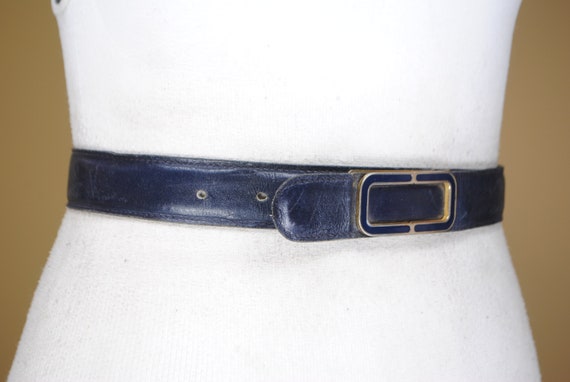 80s 24-32 stitched navy blue leather belt for women with brass buckle
