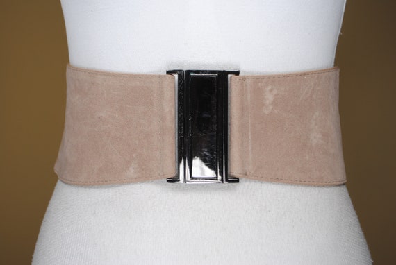 Wide Beige Stretch Belt for Women. Taupe Vegan Su… - image 1