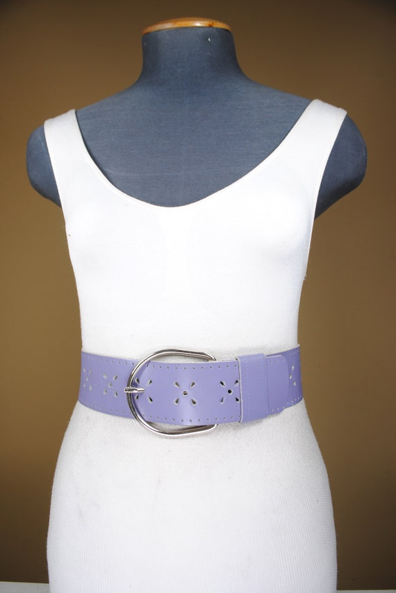 Wide Lilac Leather Belt for Women, Rounded Silver Buckle, Vintage