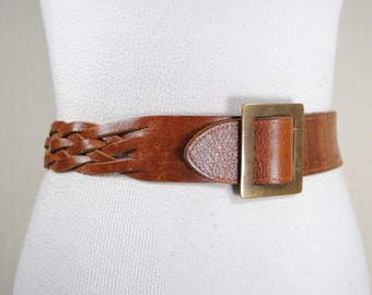 Breiter geflochtener Ledergürtel, Brauner Ledergürtel mit Messingschnalle, Braunes Leder, Vintage Zubehör