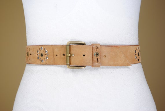 70s Studded Belt, Caramel Tan Brown Cut Out Leather Belt, Women 