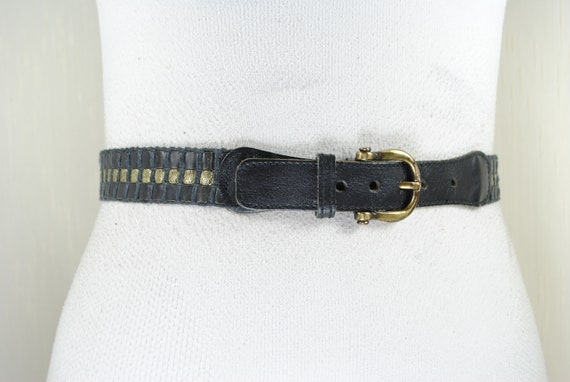 Black Gold Leather Belt, Vintage Woven Belt for W… - image 3