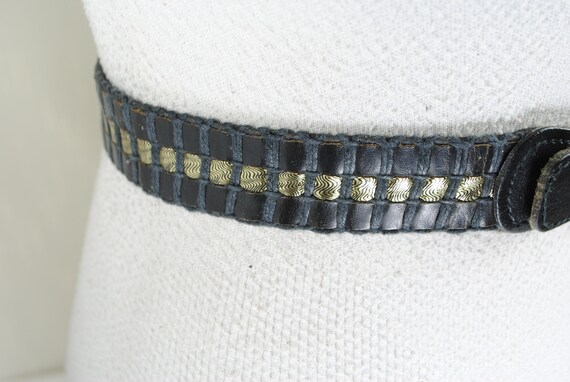 Black Gold Leather Belt, Vintage Woven Belt for W… - image 7