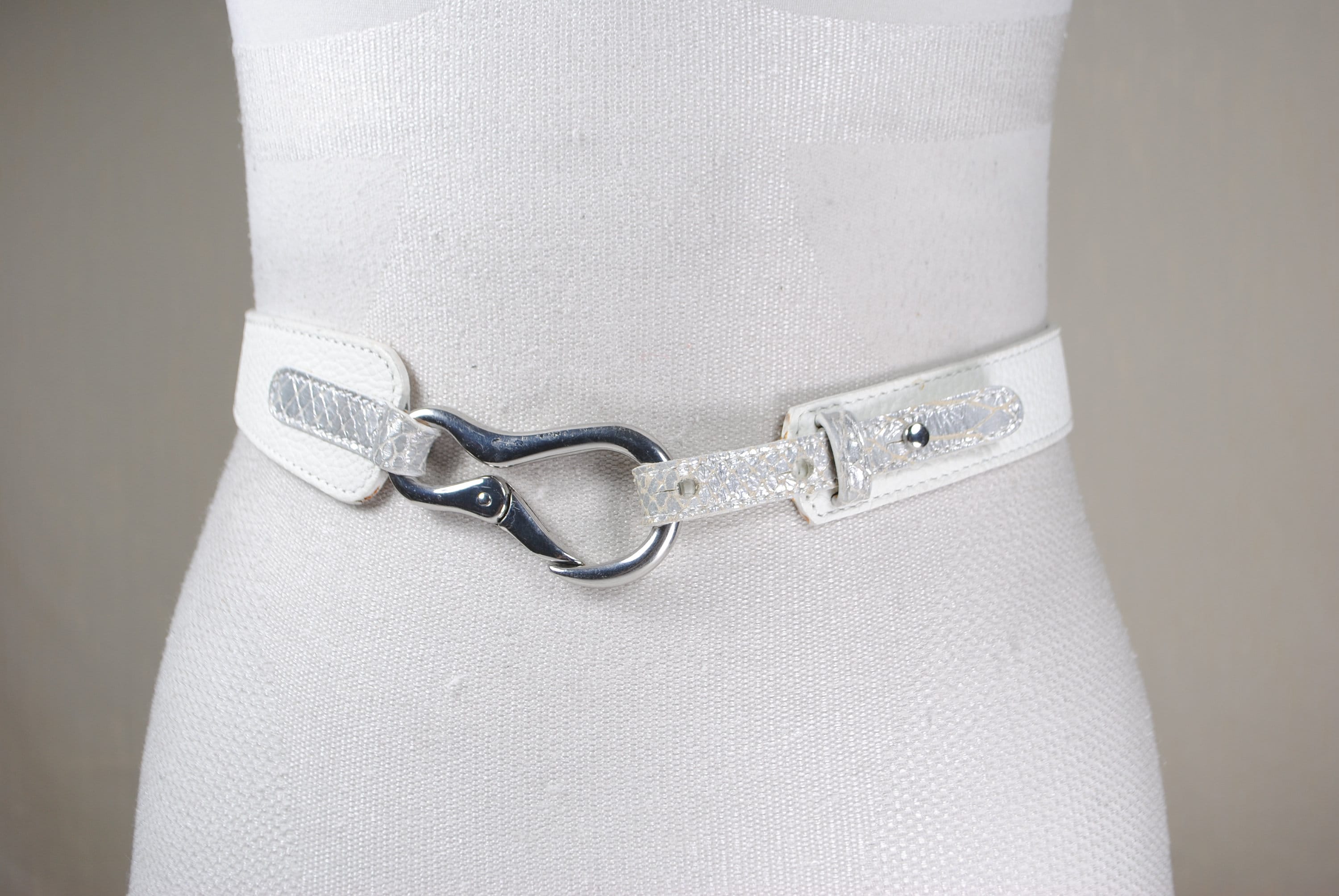 V Shaped Belt, White Asymmetrical Leather Belt for Women, Silver
