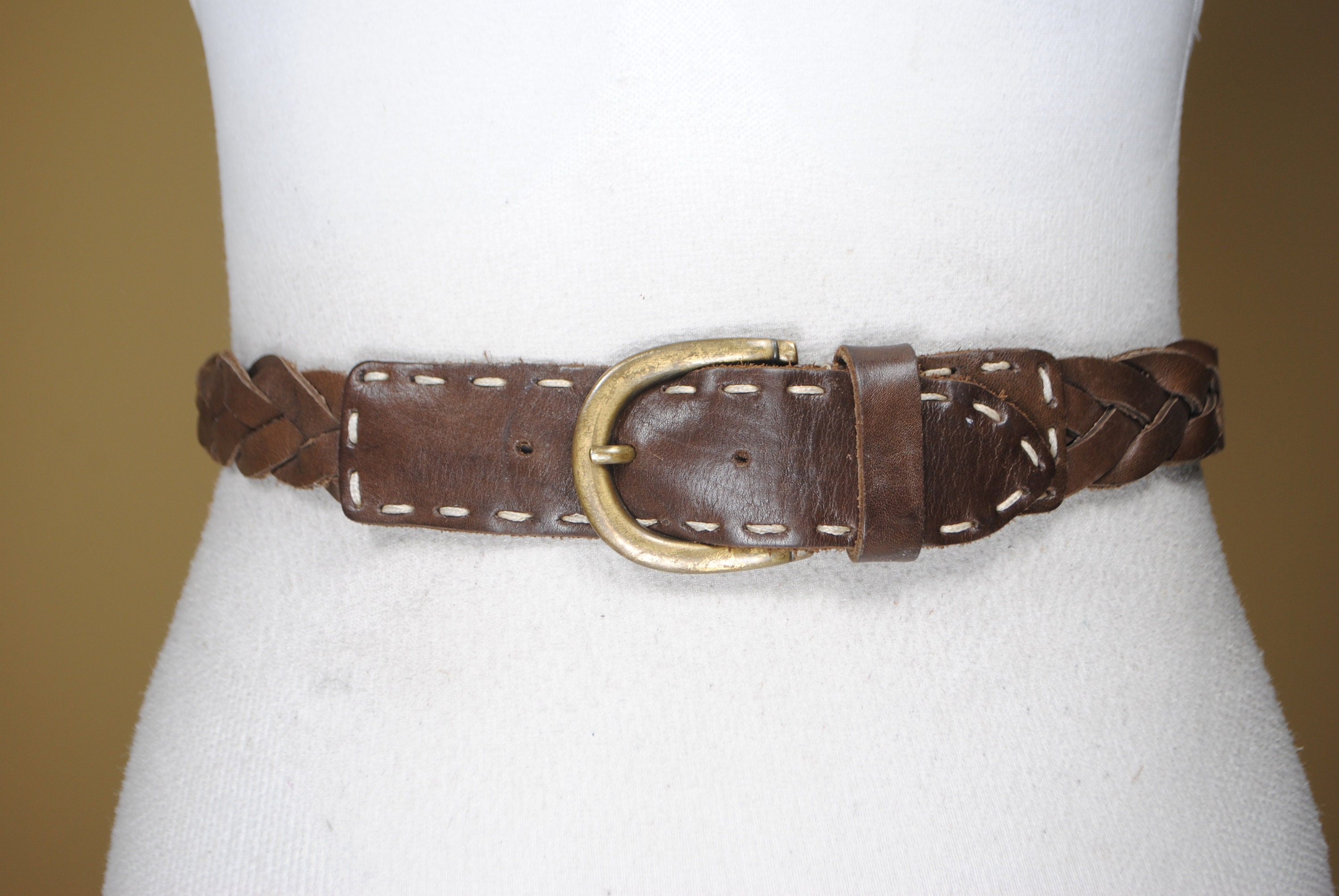 Western Braided Woven Brown Leather Belt Antiqued Brass Buckle Up to Size 31\