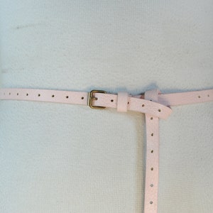 Skinny Light Pink Leather Belt, Cut out, Women, Brass Buckle, Y2K Vintage Hip belt Adjustable Size 24 25 26 27 28 29 30 31 32 33 34 35 36 37