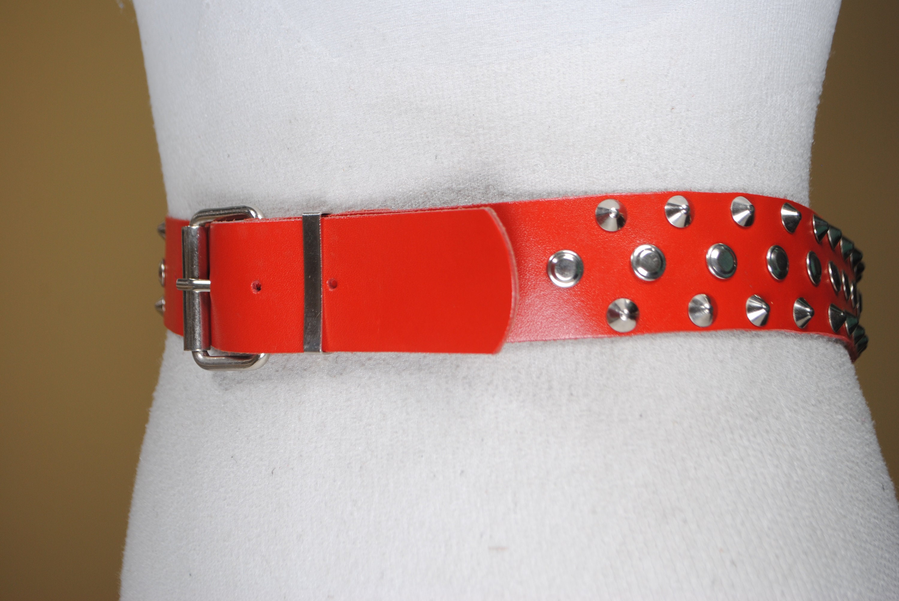 Vintage Red Leather Skinny Studded Belt Double Row Studded Leather Belt 1 3/4 main image 2