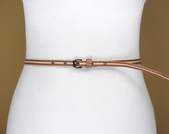 Ceinture fine à rayures marron pour femme, ceinture en tissu beige vintage, ceinture rivetée