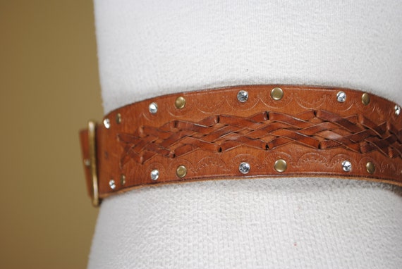 Tan Brown Braided Belt, Wide Embossed Leather bel… - image 9