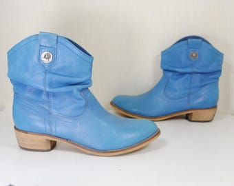 Sky Blue Ankle Boots, Western Real Leather Boots, Vintage Cellini, Turquoise cowboy cowgirl burning man festival, Size EU 41, US 10, UK 8