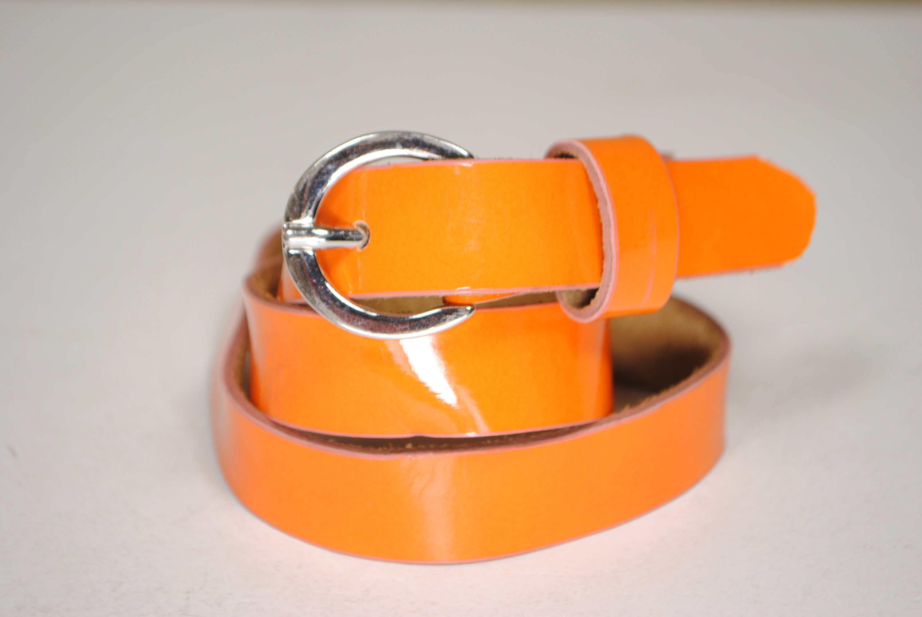 Patent Orange Leather Belt, Women, Silver Buckle, Skinny