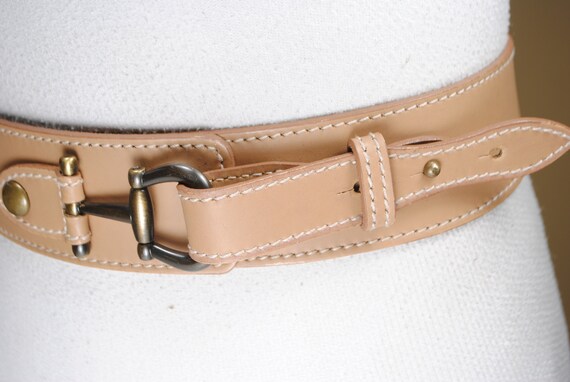 Wide Tan Leather Belt for Women, Horse Bit Brass … - image 8