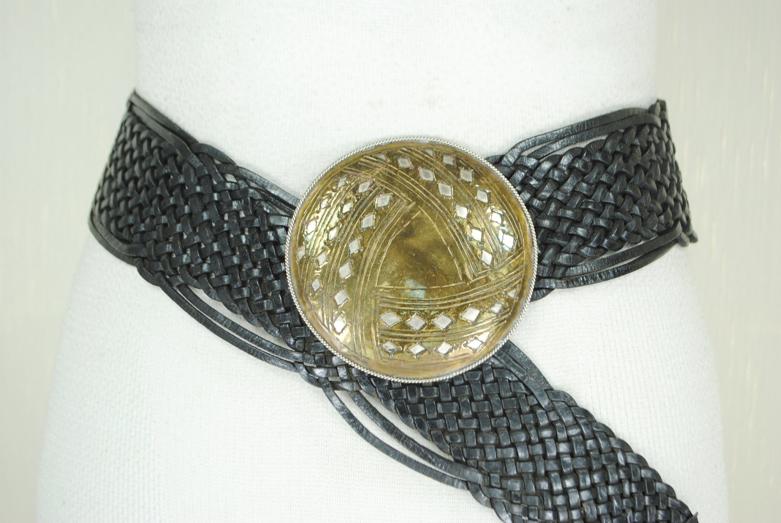 NWT Chico’s Moroccan Braided Wide Leather Belt copper engraved western boho OS Wide Braided Leather Belt: Boho Western Buckle With Stone - Etsy main image 3