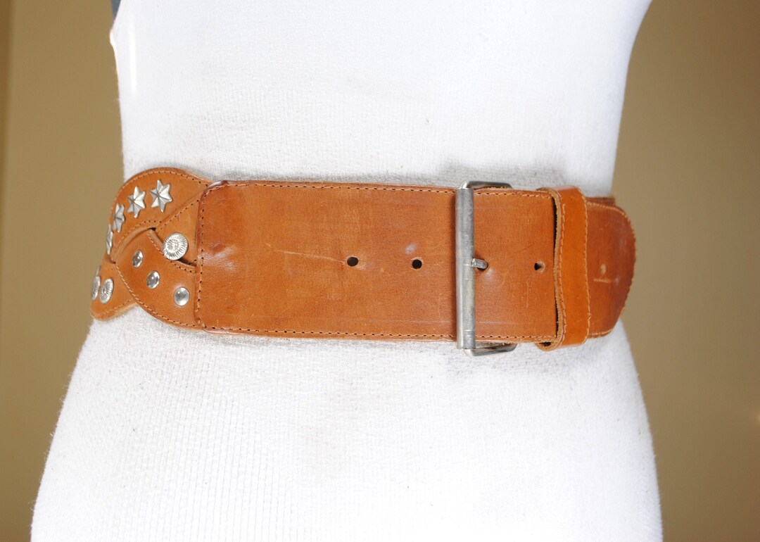 Studded Y2K Vintage Tan Belt with Silver Buckle Vintage Y2K Studded Buckle Western Silver Brown Genuine  main image 4