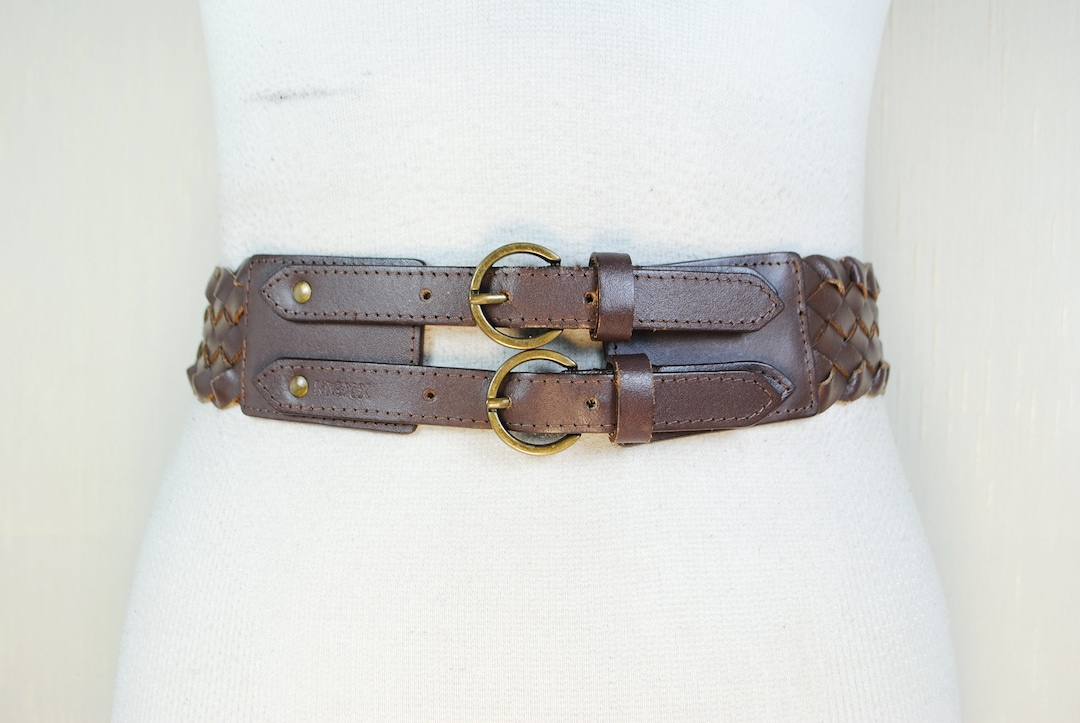 Wide Brown Braided Belt, Brass Double Buckle, Y2K 90s Vintage Hip
