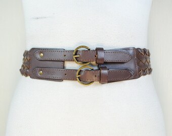 Wide Braid Brown Leather Belt Women\'s L/XL Brass O Ring Buckle Vintage Y2K Vintage Chocolate Brown Braided Leather Belt: Boho Style  main image 4