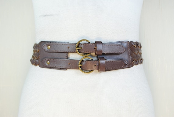 Wide Brown Braided Belt, Brass Double Buckle, Y2K 90s  display picture 1