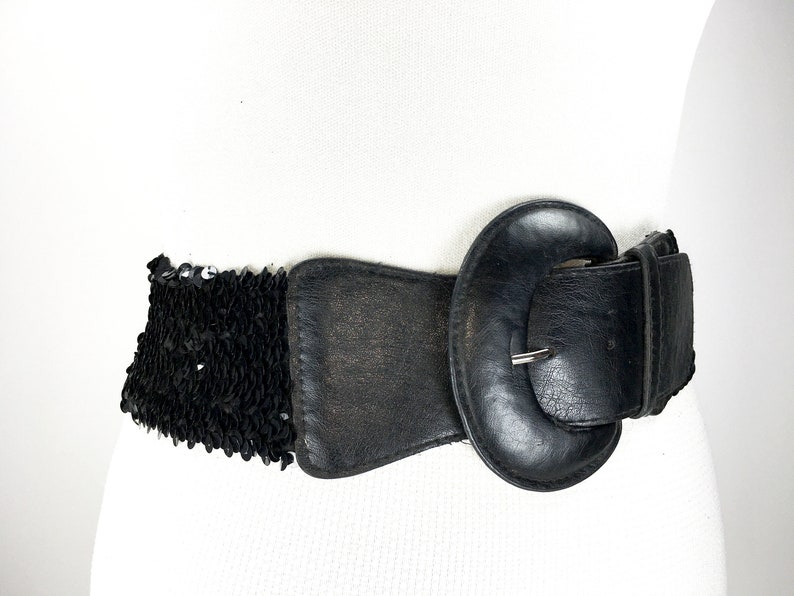 1980s 37/'/'-43/'/' black sequin elastic belt for women