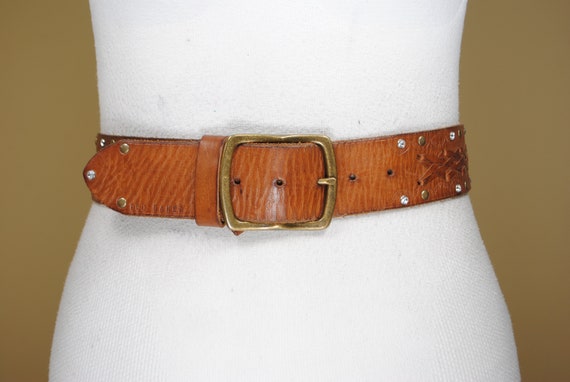 Tan Brown Braided Belt, Wide Embossed Leather bel… - image 1
