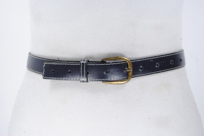 80s 24-32 stitched navy blue leather belt for women with brass buckle