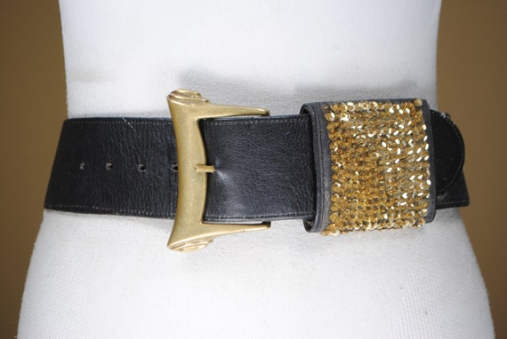 Wide Black leather belt, Mob Wife Glam, Gold Sequ… - image 4